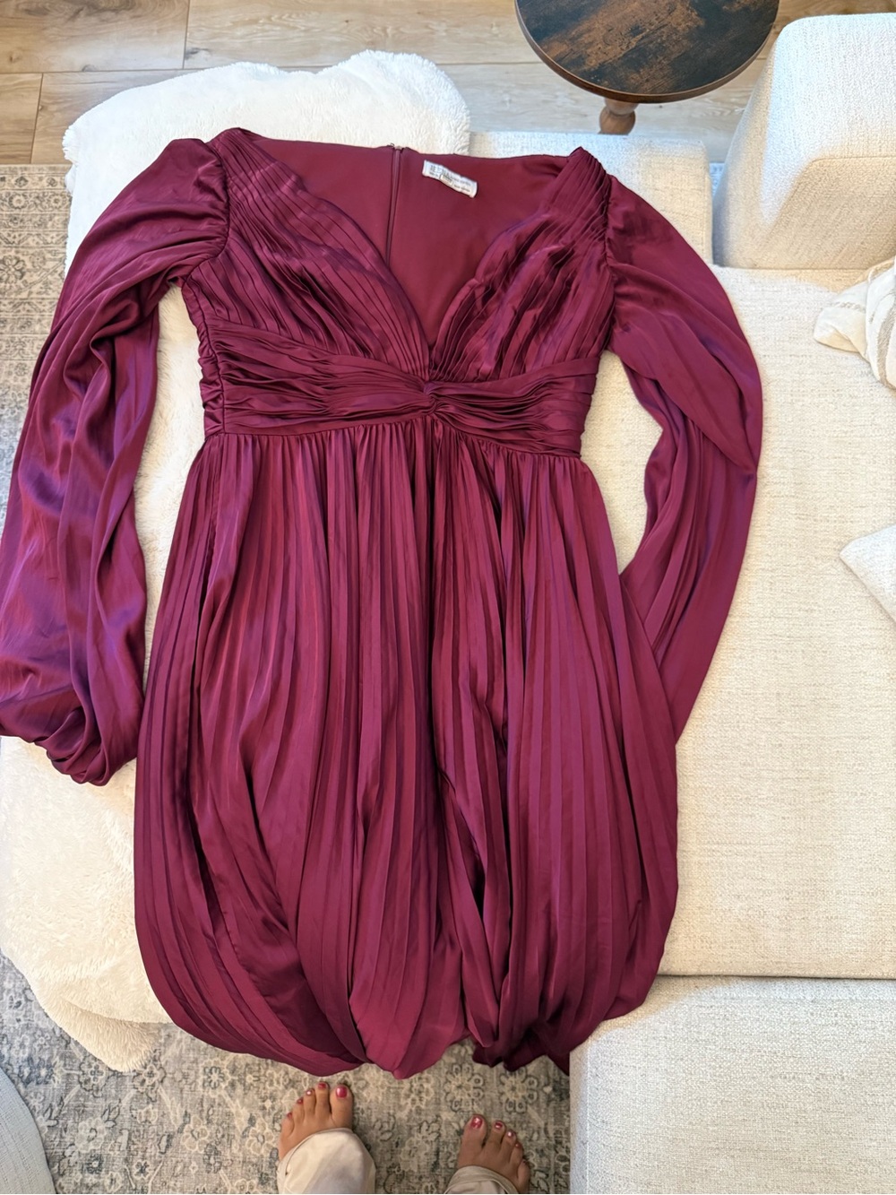 Mac Duggal Rich Plum Pleated Long Sleeve Midi Dress - Picture 6 of 11